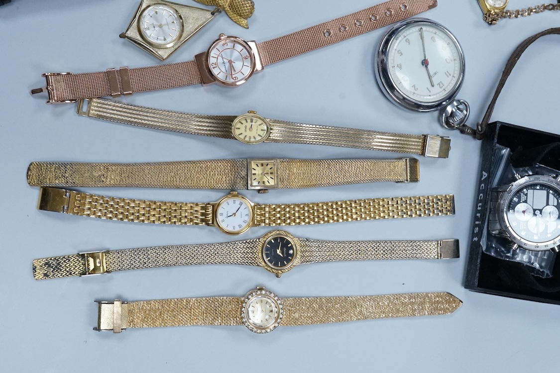 A brass cased S. Smith & Son open faced pocket watch with Roman dial, one other pocket, a quantity of assorted lady's wrist watches including Avia, Ingersoll and Timex, together with a gentleman's steel Zeitner Aqua Spor